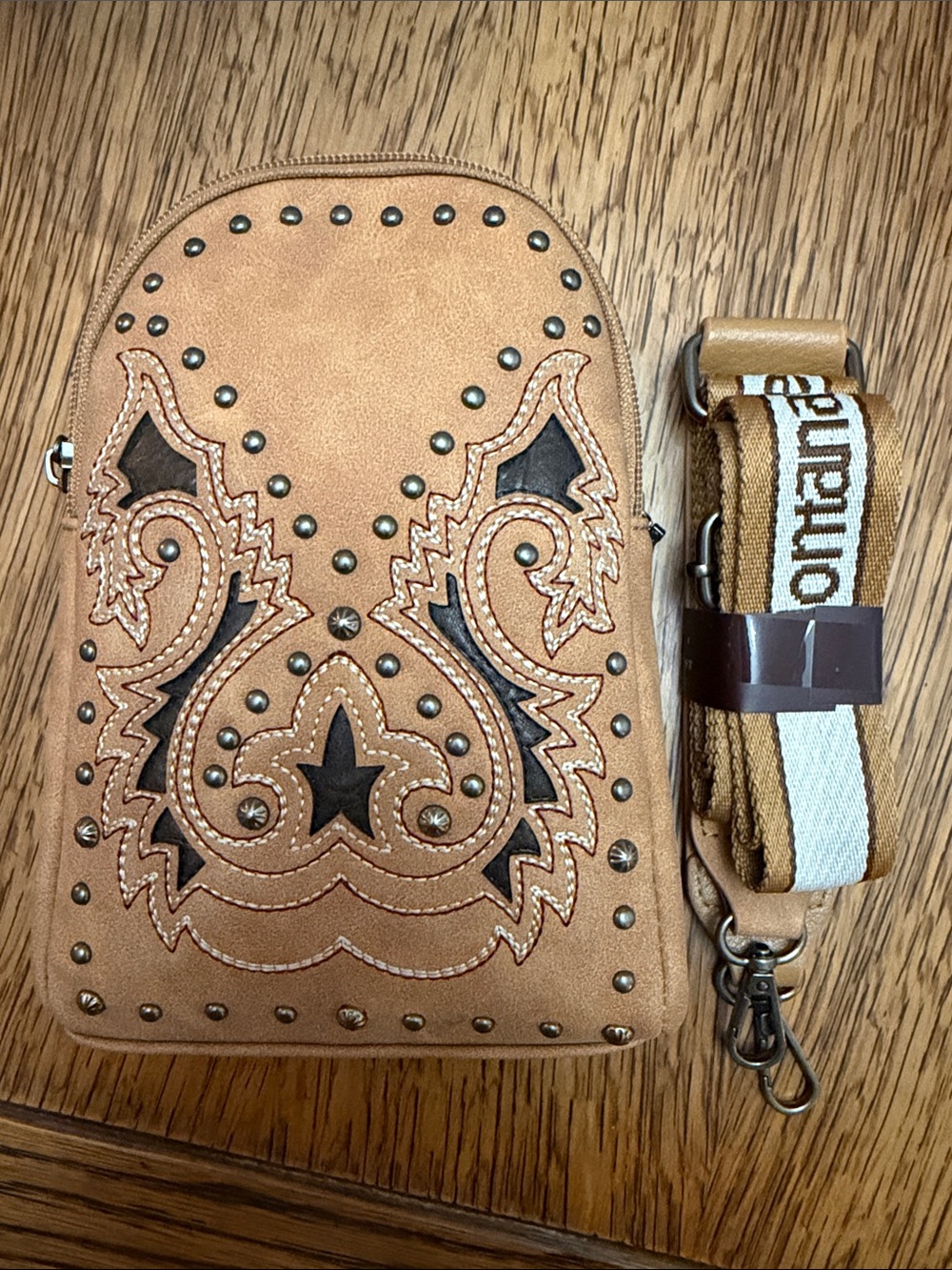 Montana West Tan Mini Crossbody with Black Inset & Stud Accents